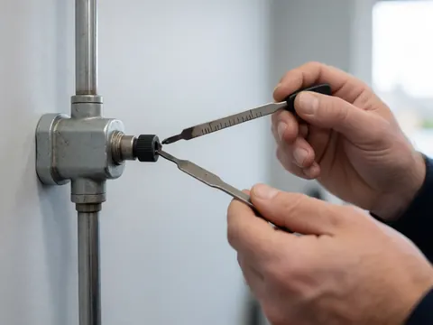 Close-up of a hand using a precision wrench to tighten a metal pipe against a gray wall in an industrial maintenance setting