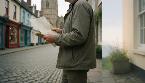 Tour guide holding a map on a cobblestone street with shops and a church in the background