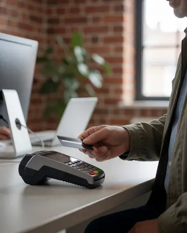 Customer making a card payment on a payment terminal near a brick wall in a modern office with a computer and plants.