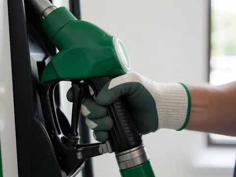Close-up of a gloved hand holding a green fuel pump nozzle against a white background with natural light