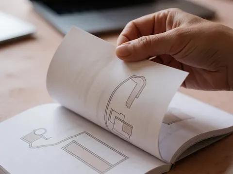 Close-up of a hand turning a page in a travel guide featuring route diagrams on a wooden table for a tour operator