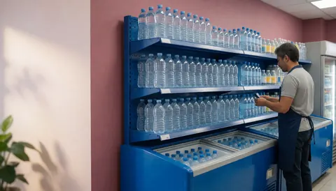 Employee arranging water bottles on a blue shelf in a convenience store with a pink wall and soft lighting