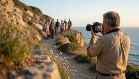 A photographer guide captures tourists on a coastal path at sunset with wildflowers and the ocean in the background.