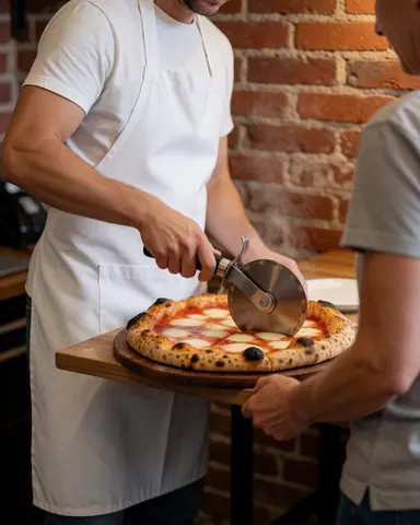 A professional pizza cutter slicing a Neapolitan pizza on a wooden board with a brick wall background.