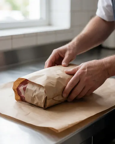 Hands folding brown paper around a piece of fresh meat on a stainless steel counter with white tiles and natural light