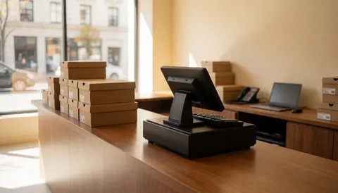 Black cash register on a wooden counter with stacked shoe boxes, beige walls, and large windows letting in natural light.