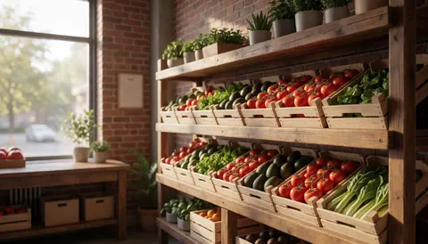 Wooden shelves holding boxes of fresh tomatoes, avocados, and vegetables in a produce store with red brick walls and natural light.