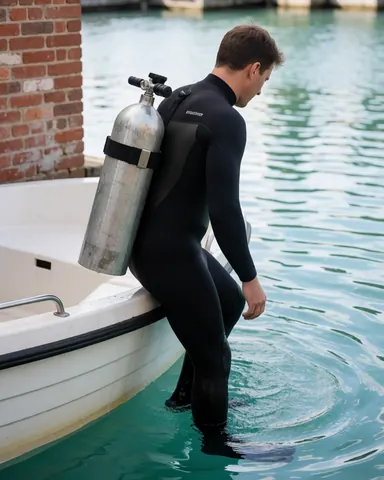 A scuba diver in black gear and air tank steps off a white boat into clear turquoise water for a dive.