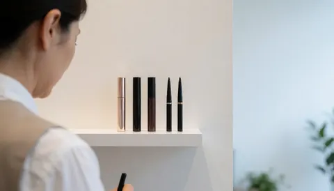 Back view of a person observing mascara and eyeliner products on a white shelf in a modern minimalist perfumery.