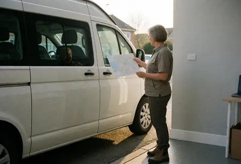 Tour guide holding a map standing next to a white van against a gray wall during sunset, showcasing tour operator service in action.