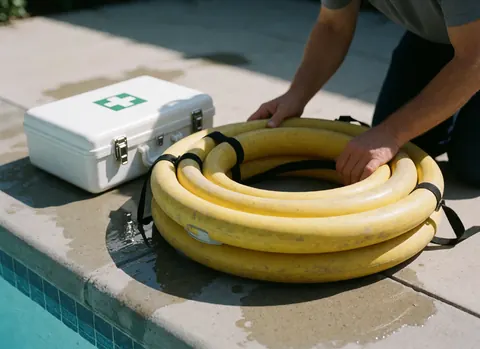 Hands positioning a yellow rescue tube next to a first aid kit on the wet concrete edge of a swimming pool.