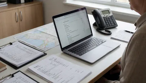 Manager reviewing invoices on laptop at poultry farm desk with map and documents