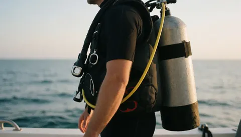 Scuba diver with full gear and inflated BCD preparing to enter the water from a boat at sunset