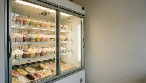 Commercial ice cream freezer filled with colorful tubs and pails against white walls, suitable for ice cream shops