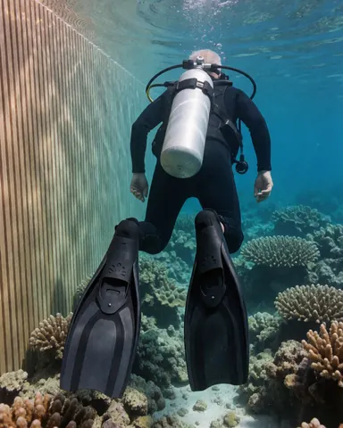 A scuba diver wearing equipment swims above a coral reef in a realistic scene for a diving school