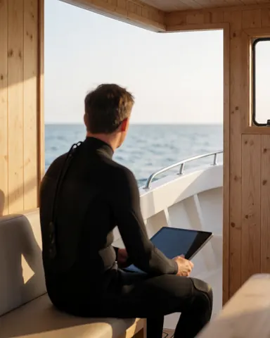 A diving student wearing a black wetsuit sits on a wooden boat with a tablet, looking out at the ocean during sunset.