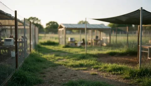 Wire enclosures and shade structures in a poultry farm with green grass under warm sunset light, suitable as a text background.