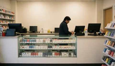 A gas station employee working at the cash register with a cigarette display case and product shelves visible in the background.