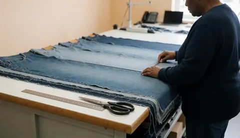 A worker cuts denim fabric on a cutting table using a metal ruler and scissors in a textile factory.