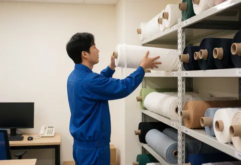 Worker in blue uniform carrying a large roll of white fabric in an organized textile storage area