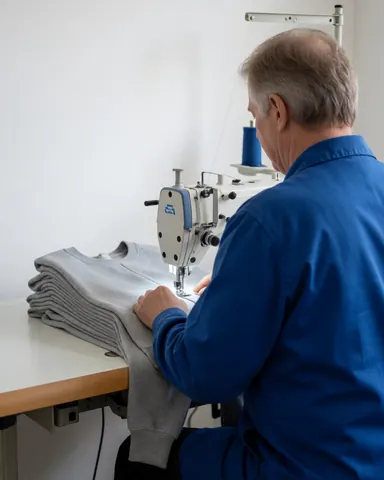 A worker in a textile factory sewing a stack of gray sweatshirts with an industrial machine against white walls.