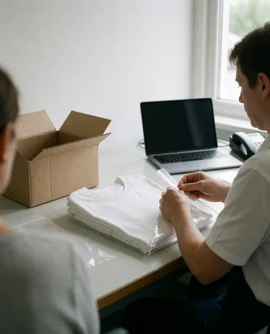 Worker places white t-shirt into transparent polybag during textile maquila service