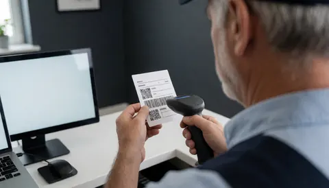 Person scanning a QR code label in front of a computer in a modern office with gray walls