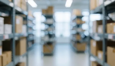 Warehouse aisle lined with metal shelving units and cardboard boxes, featuring industrial lighting and a professional background suitable for text overlay.