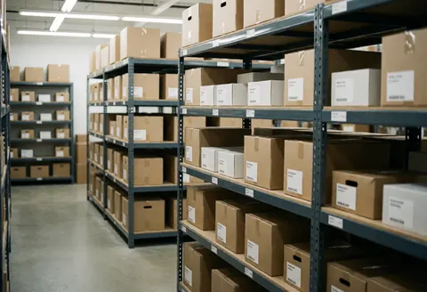 Tall metal shelving units holding organized cardboard boxes in a clean courier warehouse with industrial lighting and concrete floors.