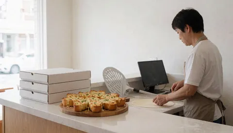 Freshly baked cheese bread on a wooden plate with delivery boxes and a pizza peel on a clean pizzeria counter against white walls.