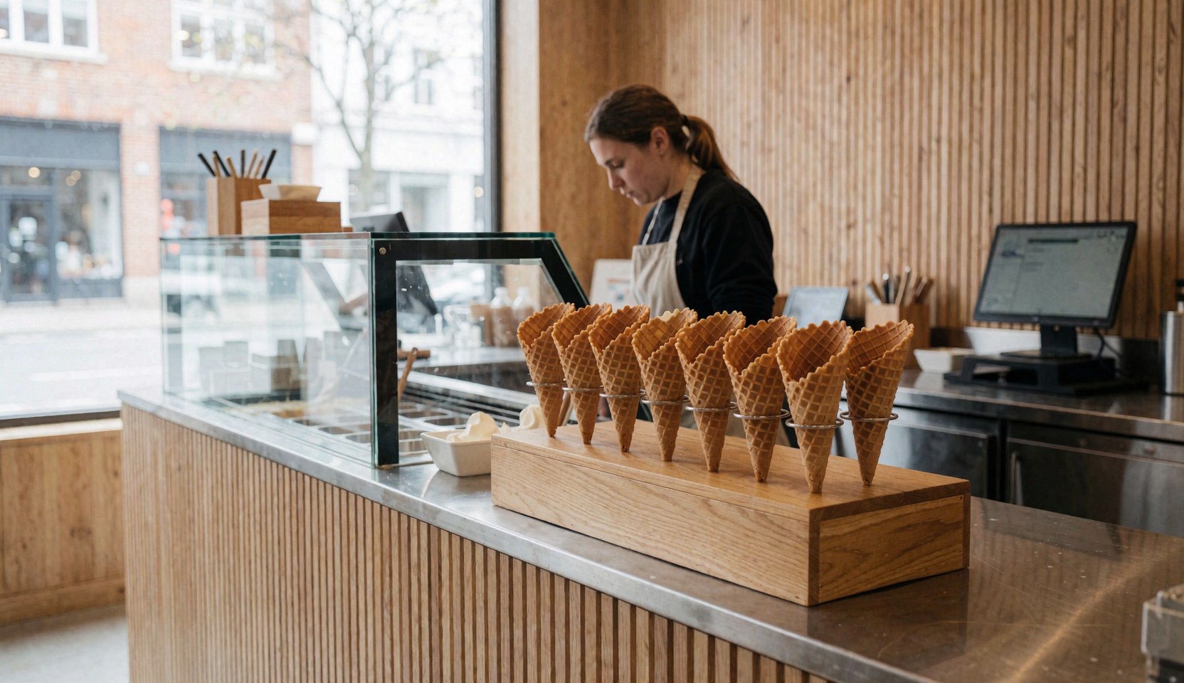 Stack of waffle cones displayed on a wooden counter in an ice cream shop with a cash register and staff working in the background