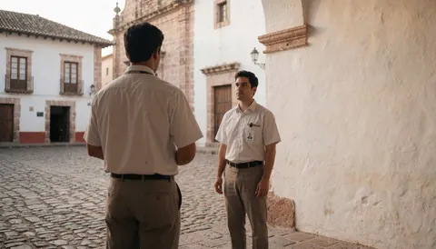 Tour guides wearing badges stand in a colonial plaza with cobblestones, historic buildings, and morning light.