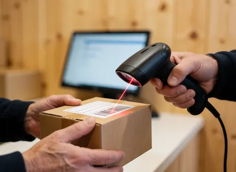 Hand using a barcode scanner on a cardboard package box with a computer visible in the background at a logistics center.