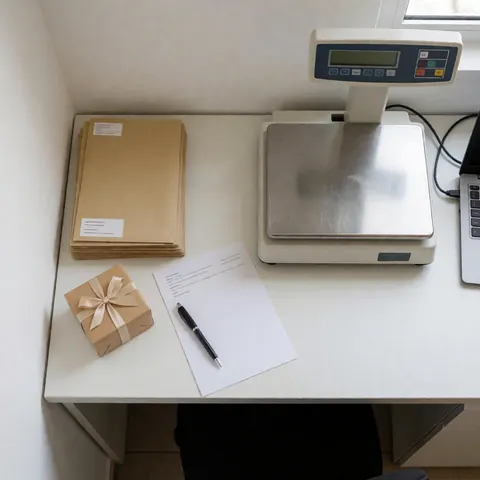 White courier desk featuring a digital scale, wrapped gift, envelopes, shipping forms, and a laptop for processing mail and packages.