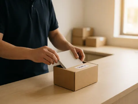 A hand placing a brochure into a sample box on a wooden counter, suitable for courier business logistics