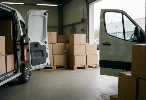 White van with open doors in a warehouse, cardboard boxes on pallets ready for loading, logistics and transport scene
