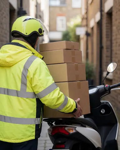 Courier wearing helmet and yellow vest loading boxes on motorcycle in urban alleyway for delivery service