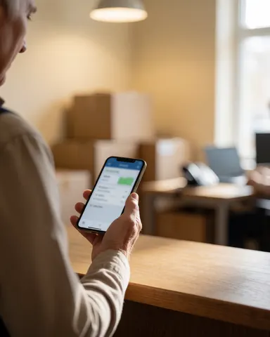 A happy customer reviews package tracking details on a smartphone while standing at a wooden desk in a courier office with stacked boxes nearby.