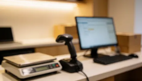 Barcode scanner and scale on a work desk with a computer and package box in the background
