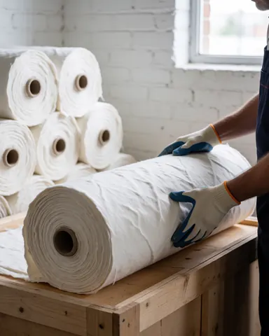 A gloved hand inspects a white fabric roll on a wooden table in a warehouse with white brick walls and natural light.