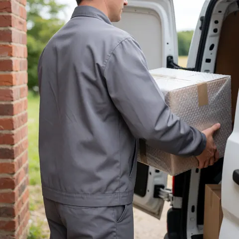 A courier in a gray uniform loads a bubble-wrapped package into a white van near a red brick wall outdoors on a clear day