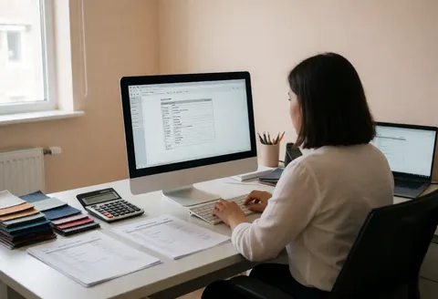 Administrator working on computer with fabric samples and documents on desk