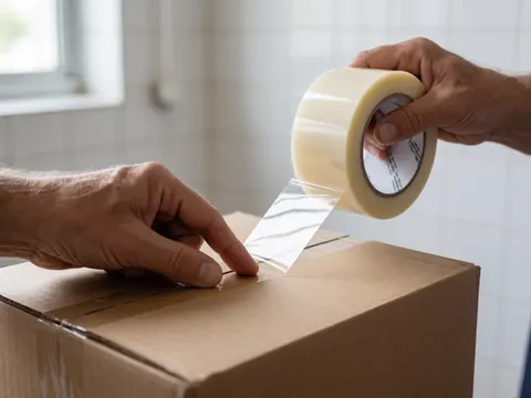 Close-up of hands sealing a cardboard shipping box with clear tape on a white tiled surface with natural light