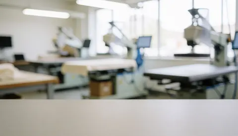 Out-of-focus textile finishing area with industrial machinery and a flat surface for text overlay
