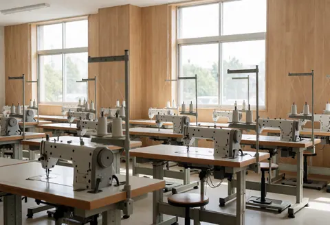 Industrial sewing machines on wooden tables in a textile factory with natural light from large windows and wooden walls