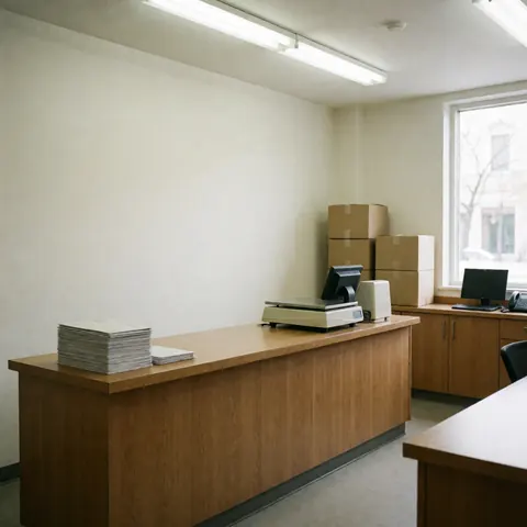 Interior of a modern postal agency featuring a wooden counter, shipping scale, and stacked shipping boxes near a window with natural light.
