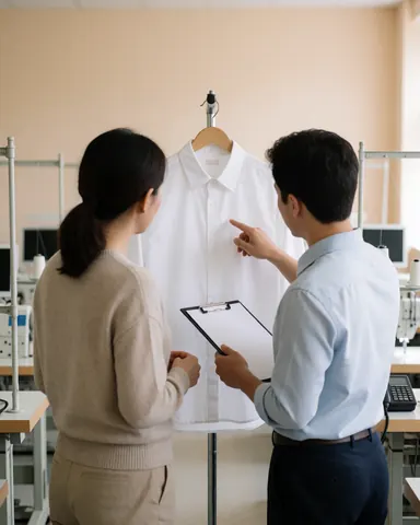 Factory worker points to stitching on a hanging white shirt while a client reviews it with a portfolio in a textile facility.