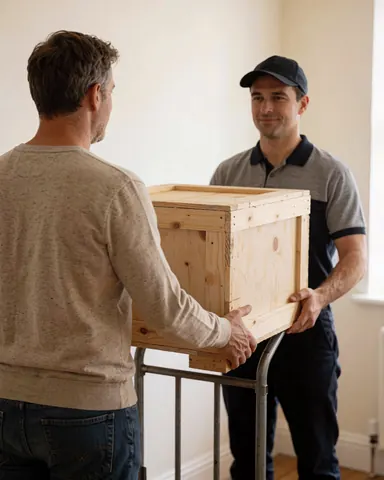 Courier and client smile while using a hand truck to deliver a wooden box inside a home