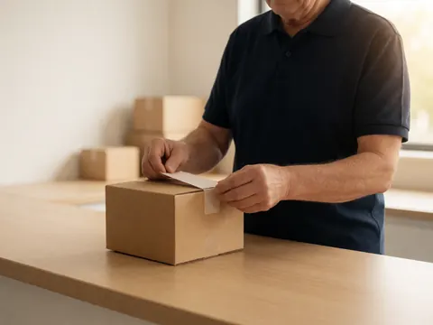 Close-up of a hand peeling a shipping label off a cardboard box on a wooden desk in an office setting with natural light.