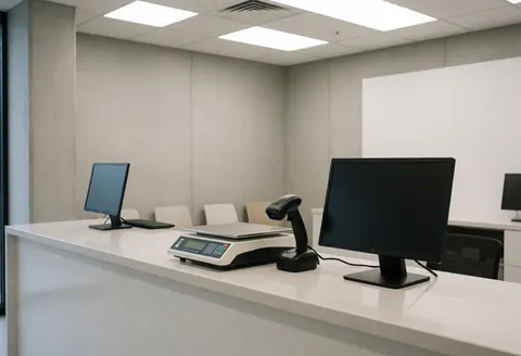 Courier workstation featuring a barcode scanner and digital display monitor, set against a clean concrete wall background with waiting chairs.